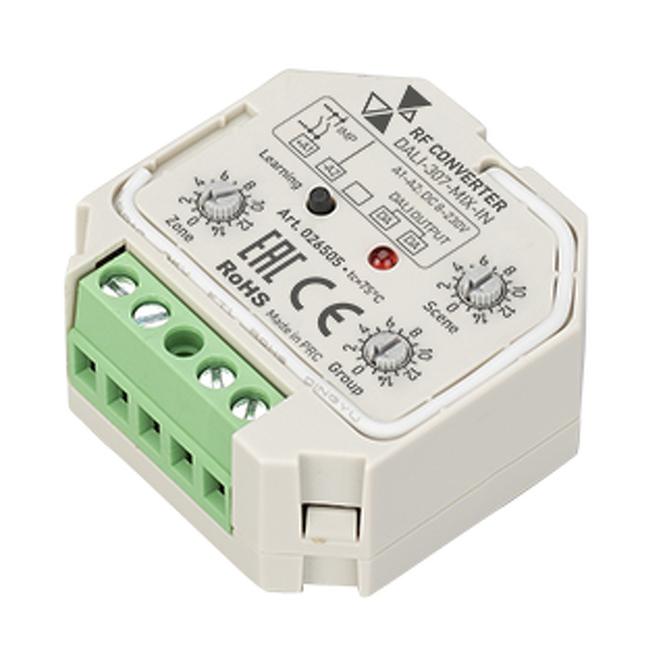 Фото №1  IARL INTELLIGENT ARLIGHT Конвертер RF-сигнала DALI-307-MIX-IN (DALI-BUS, RF, PUSH) ( Пластик)