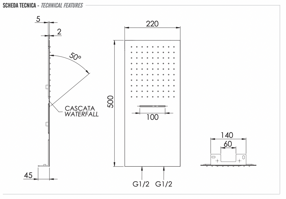 Фото №2  Верхний душ настенный 50x22 см Remer INOX SS350UFCAX