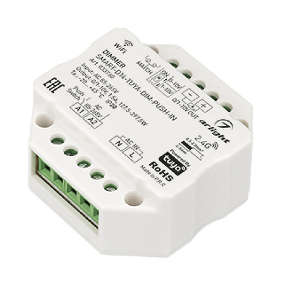Фото №1  Arlight Диммер SMART-D14-TUYA-DIM-PUSH-IN (230V, 1.5A, 0/1-10V, 2.4G) ( IP20 Пластик, 5 лет)