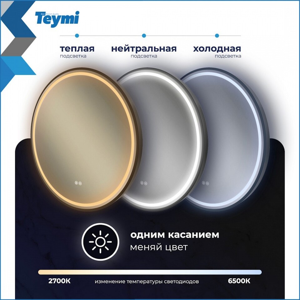 Фото №32  Watersense Зеркало Lina Supernova Black D60, LED подсветка, сенсор, антипар T20122