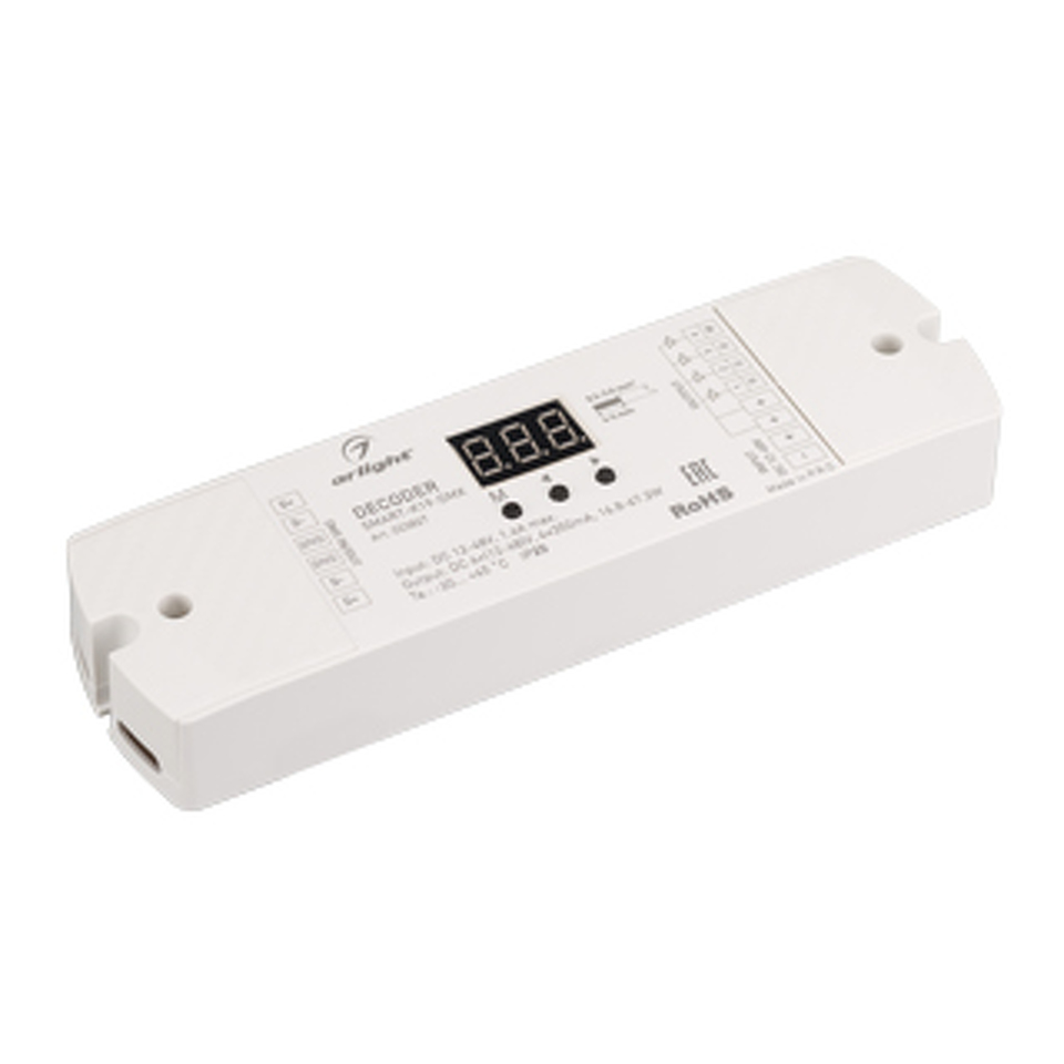 Фото №1  Arlight Декодер SMART-K19-DMX (12-48V, 4x350mA) ( IP20 Пластик, 5 лет)