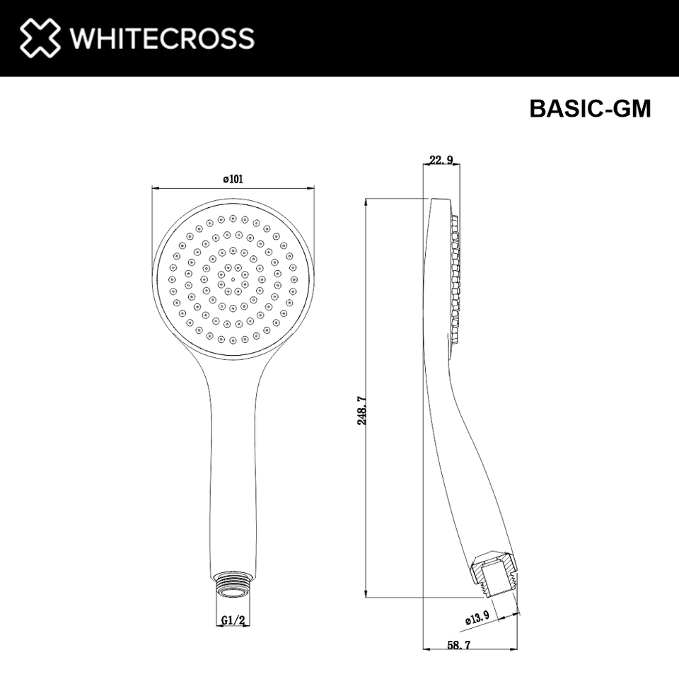 Фото №2  Душевая лейка 1 режим WHITECROSS BASIC-GM (оружейная сталь)