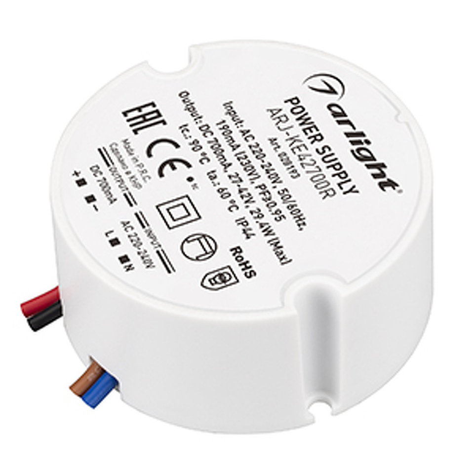 Фото №1  Arlight Блок питания ARJ-KE42700R (29W, 700mA, PFC) ( IP44 Пластик, 5 лет)