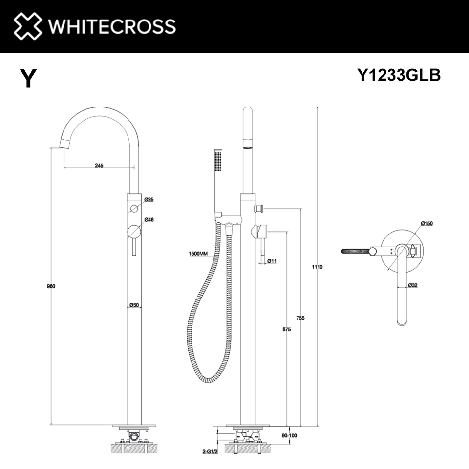 Фото №3  Смеситель для ванны отдельностоящий WHITECROSS Y Y1233GLB (брашированное золото)