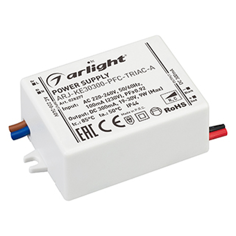 Фото №1  Arlight Блок питания ARJ-KE30300-PFC-TRIAC-A (9W, 300mA) ( IP44 Пластик, 5 лет)