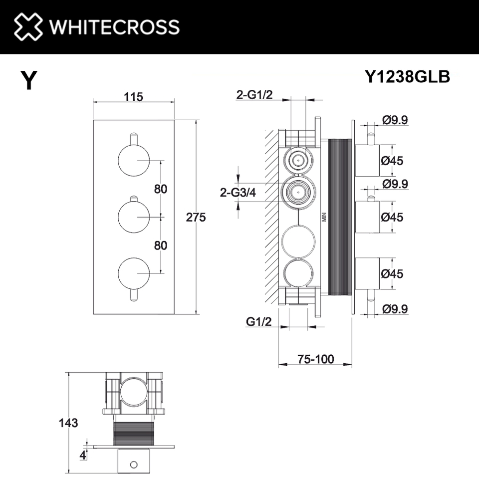 Фото №3  Смеситель термостат скрытого монтажа на 3 потребителя WHITECROSS Y Y1238GLB (брашированное золото)