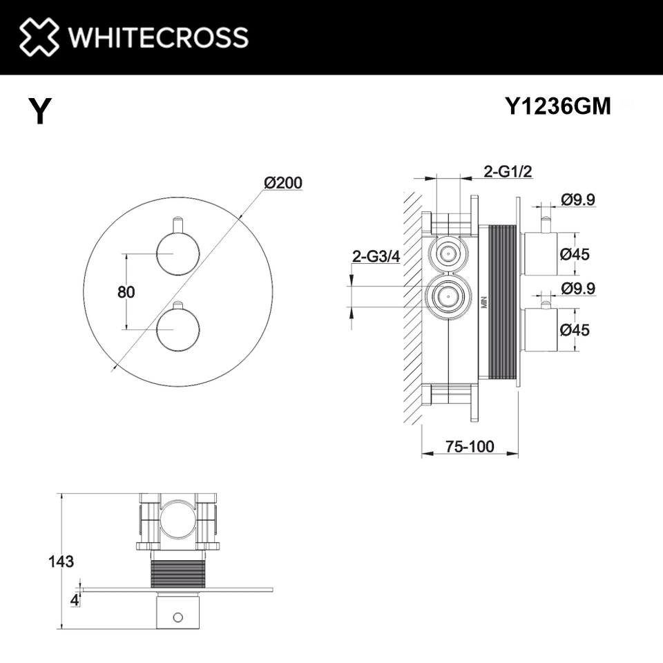 Фото №2  Смеситель термостат скрытого монтажа на 2 потребителя WHITECROSS Y Y1236GM (оружейная сталь)