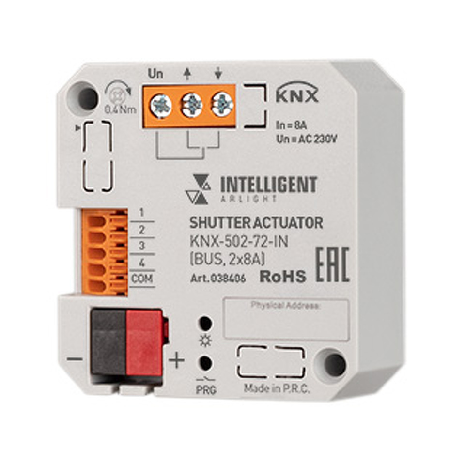 Фото №1  IARL INTELLIGENT ARLIGHT Модуль управления шторами KNX-502-72-IN (BUS, 2x8A) ( IP20 Пластик, 3 года)