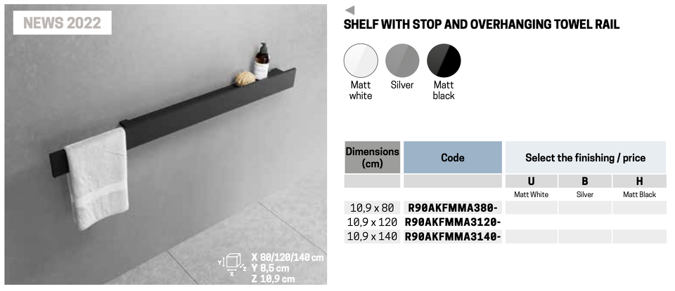 Фото №2  Полка с полотенцедержателем 120 см Novellini Frame R90AKFMMA3120-H, цвет Black Matt