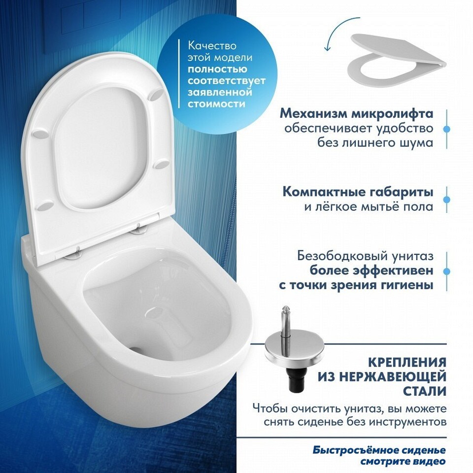 Фото №12  Унитаз Watersense Унитаз подвесной Iva безободковый, сиденье Дюропласт микролифт T40601
