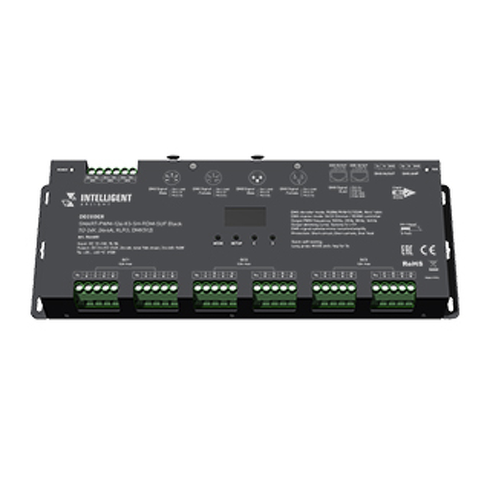 Фото №1  Arlight INTELLIGENT ARLIGHT Декодер SMART-PWM-124-83-SH-RDM-SUF Black (12-24V, 24x4A, XLR3, DMX512) ( IP20 Металл, 5 лет)
