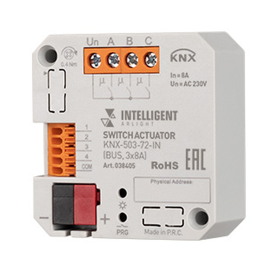 Фото №1  IARL INTELLIGENT ARLIGHT Релейный модуль KNX-503-72-IN (BUS, 3x8A) ( IP20 Пластик, 3 года)