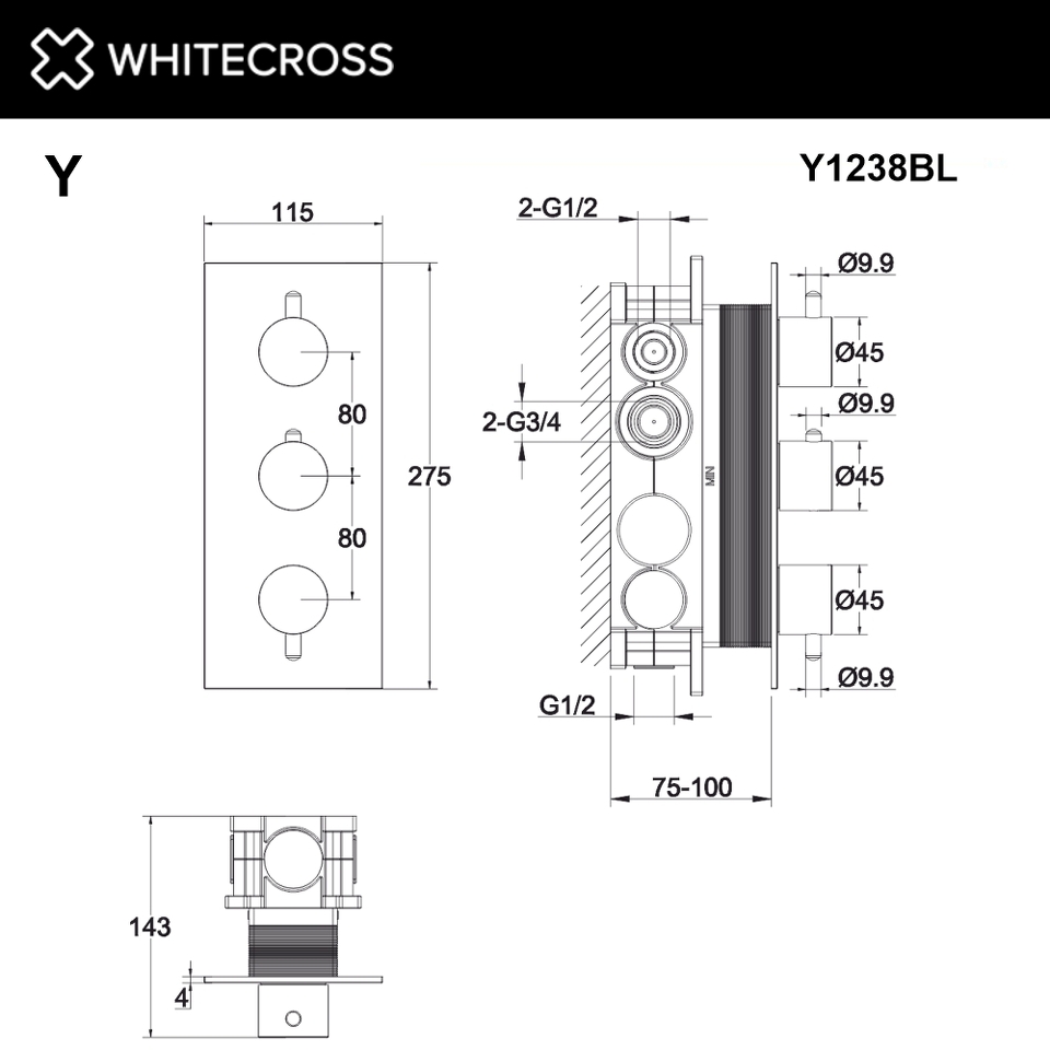 Фото №3  Смеситель термостат скрытого монтажа на 3 потребителя WHITECROSS Y Y1238BL (черный мат)