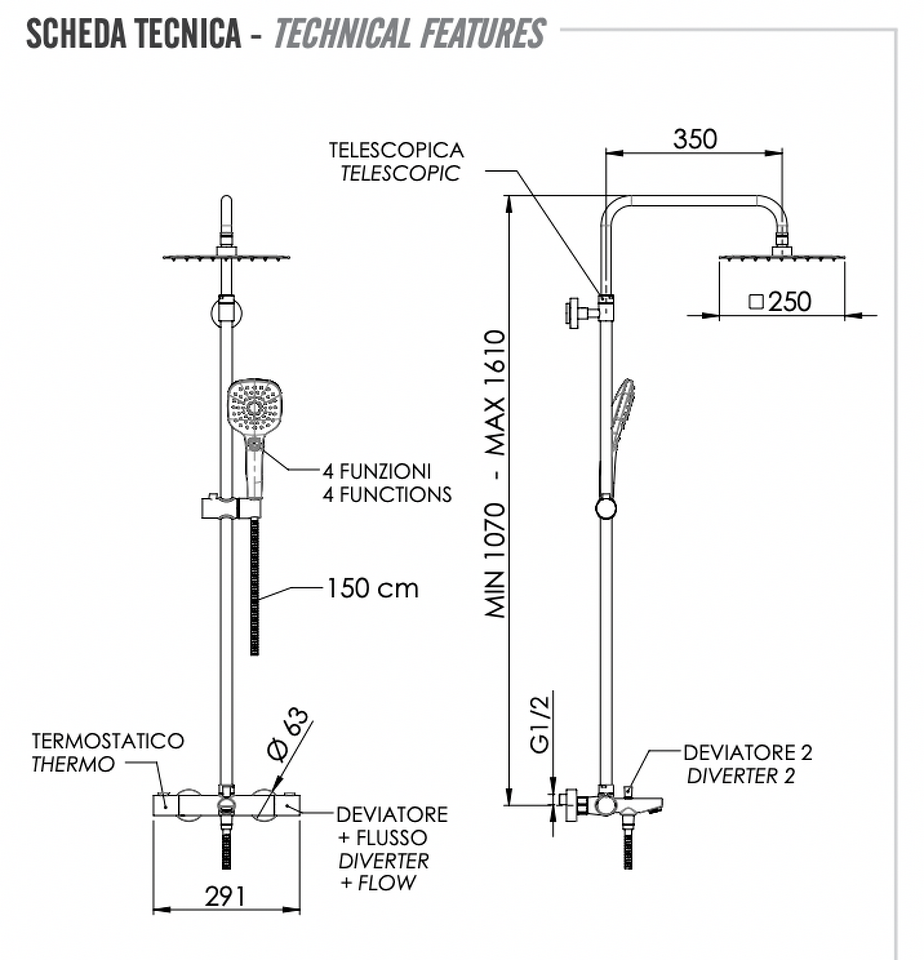 Фото №2  Душевая система термостатическая с изливом Remer EQ34A8CPUFS25G
