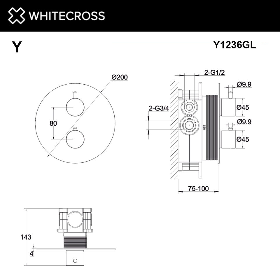 Фото №3  Смеситель термостат скрытого монтажа на 2 потребителя WHITECROSS Y Y1236GL (золото)