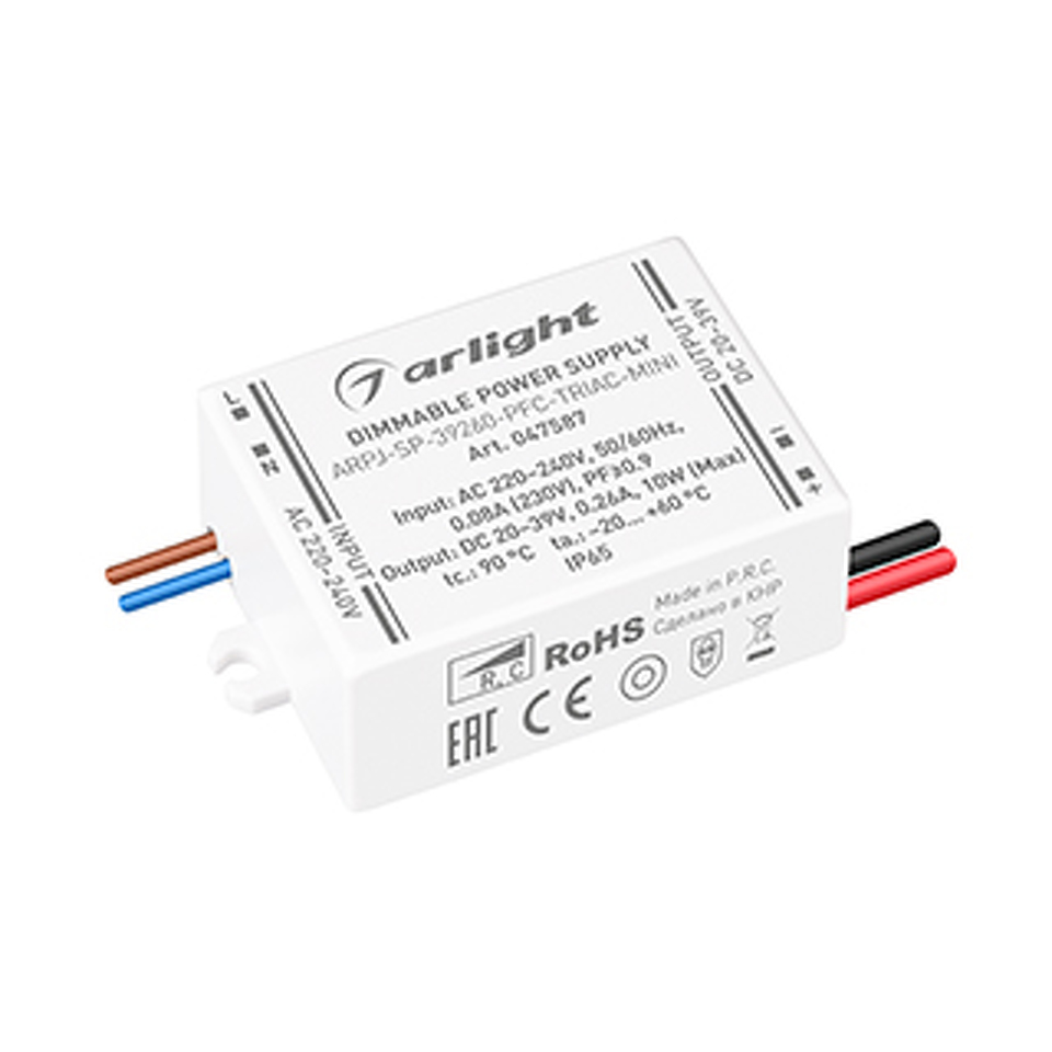 Фото №1  Arlight Блок питания ARPJ-SP-39260-PFC-TRIAC-MINI (10W, 20-39V, 260mA) ( IP65 Пластик, 5 лет)