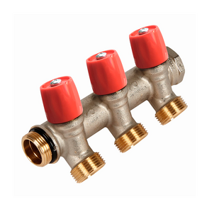 Фото Коллектор HENCO VBS с красными вентилями, 3/4"НР под евроконус, 3/4" - 3xEK