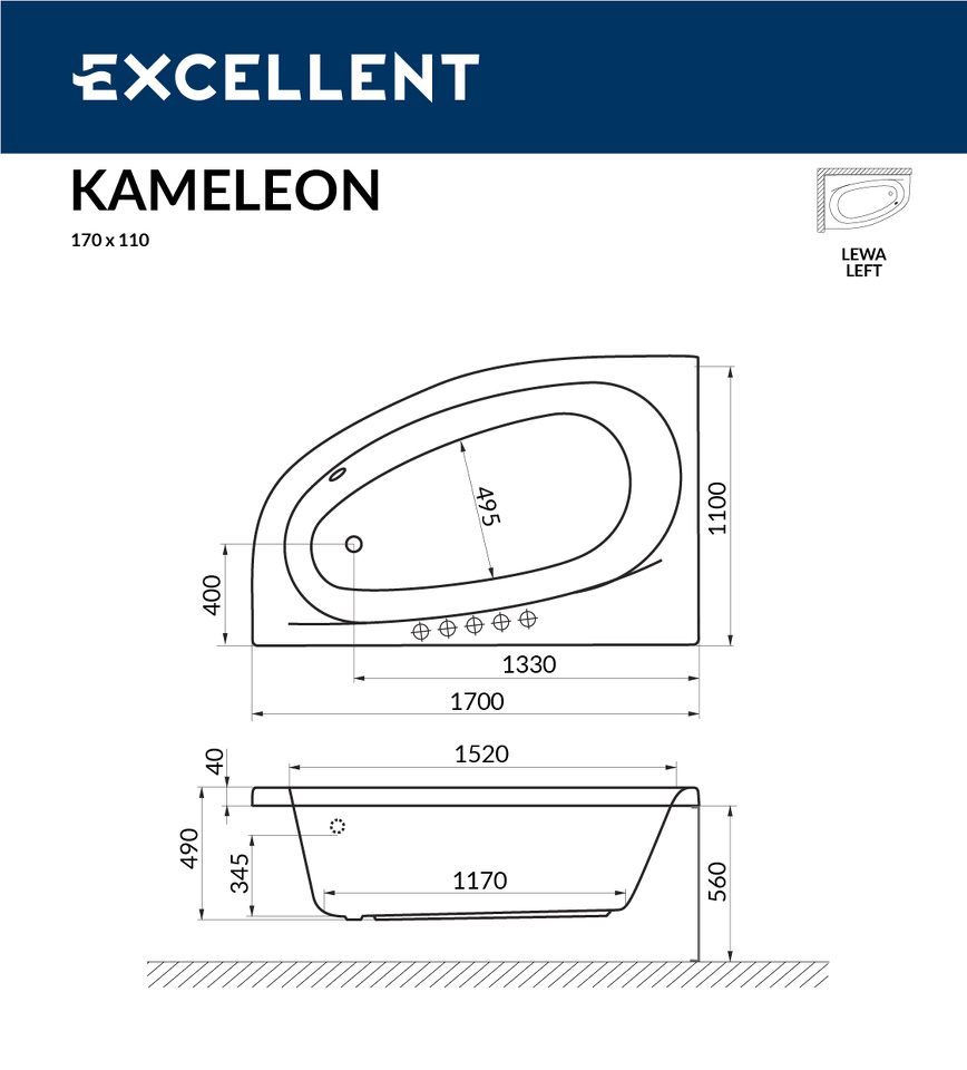 Фото №4  EXCELLENT (РАСПРОДАЖА) Ванна Kameleon 170x110 (лев.)