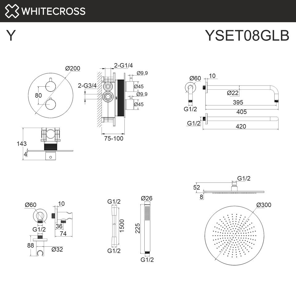 Фото №3  Термостатическая душевая система скрытого монтажа WHITECROSS Y YSET08GLB (брашированное золото)