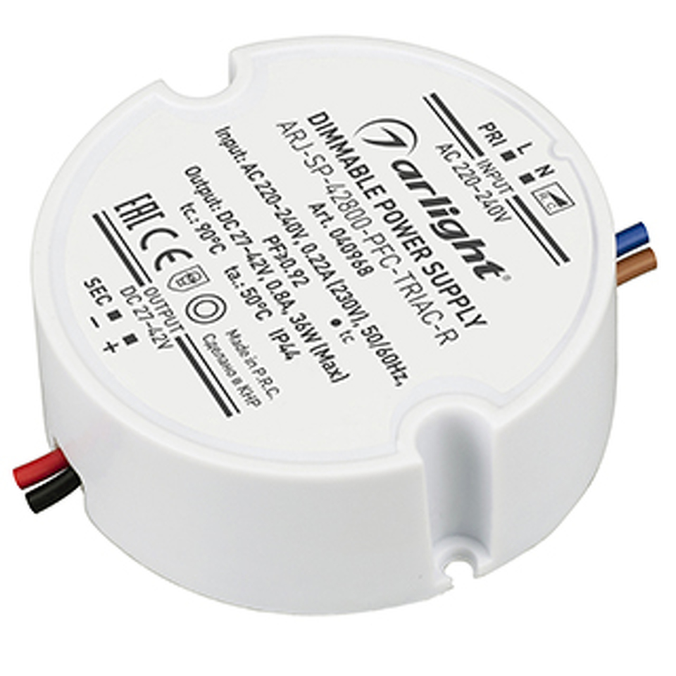Фото №1  Arlight Блок питания ARJ-SP-42800-PFC-TRIAC-R (36W, 27-42V, 800mA) ( IP44 Пластик, 5 лет)