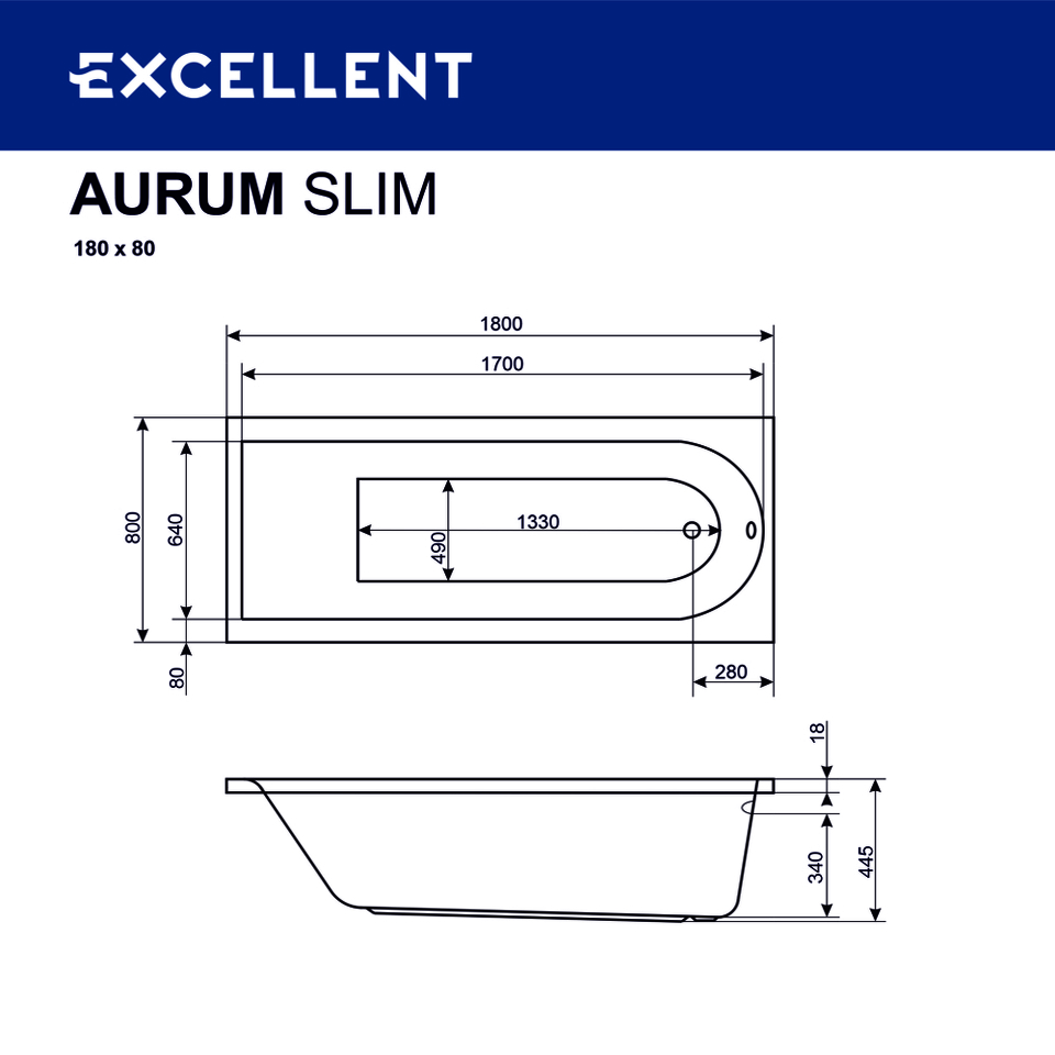 Фото №5  Ванна EXCELLENT Aurum Slim 180x80 "HYDRO" (хром)