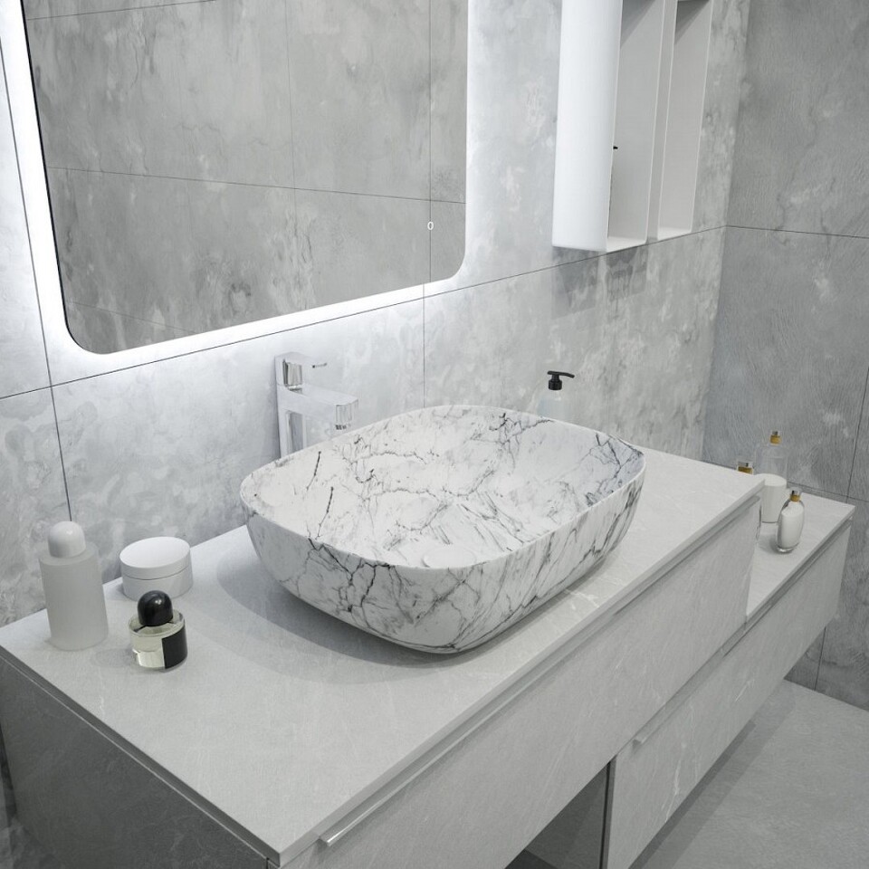 Фото №13  Раковина Watersense Раковина Solli 50 artceramic, накладная, Белый Мрамор T50393