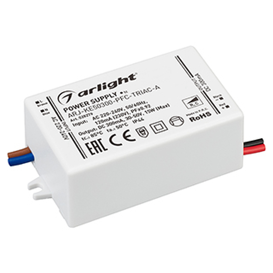 Фото №1  Arlight Блок питания ARJ-KE50300-PFC-TRIAC-A (15W, 300mA) ( IP44 Пластик, 5 лет)