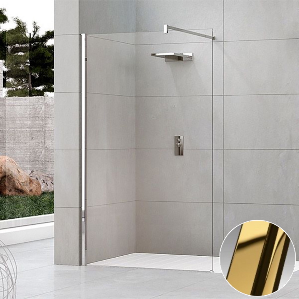 Фото №2  Душевое ограждение Walk-In 90 см (87-90х200) Novellini Kuadra H KUADH90-1O, профиль Shiny Gold, стекло прозрачное CrystalClear