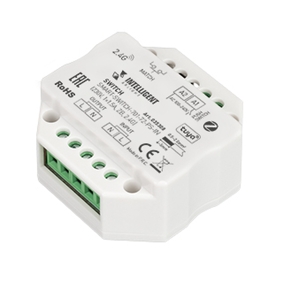 Фото №1  IARL INTELLIGENT ARLIGHT Релейный модуль SMART-SWITCH-701-72-PS-IN (230V, 1x1.5A, ZB, 2.4G) ( Пластик)