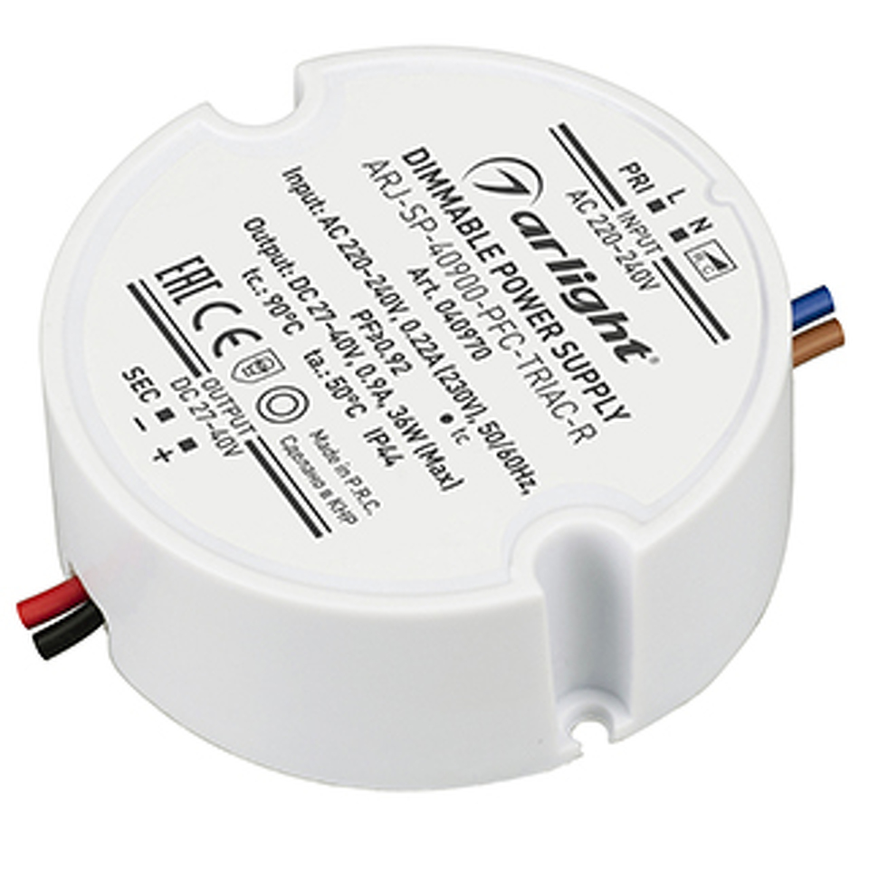Фото №1  Arlight Блок питания ARJ-SP-40900-PFC-TRIAC-R (36W, 27-40V, 900mA) ( IP44 Пластик, 5 лет)