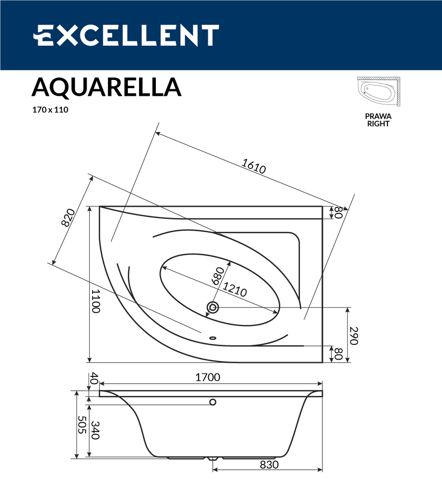 Фото №4  EXCELLENT (РАСПРОДАЖА) Ванна Aquarella 170x110 (прав.)