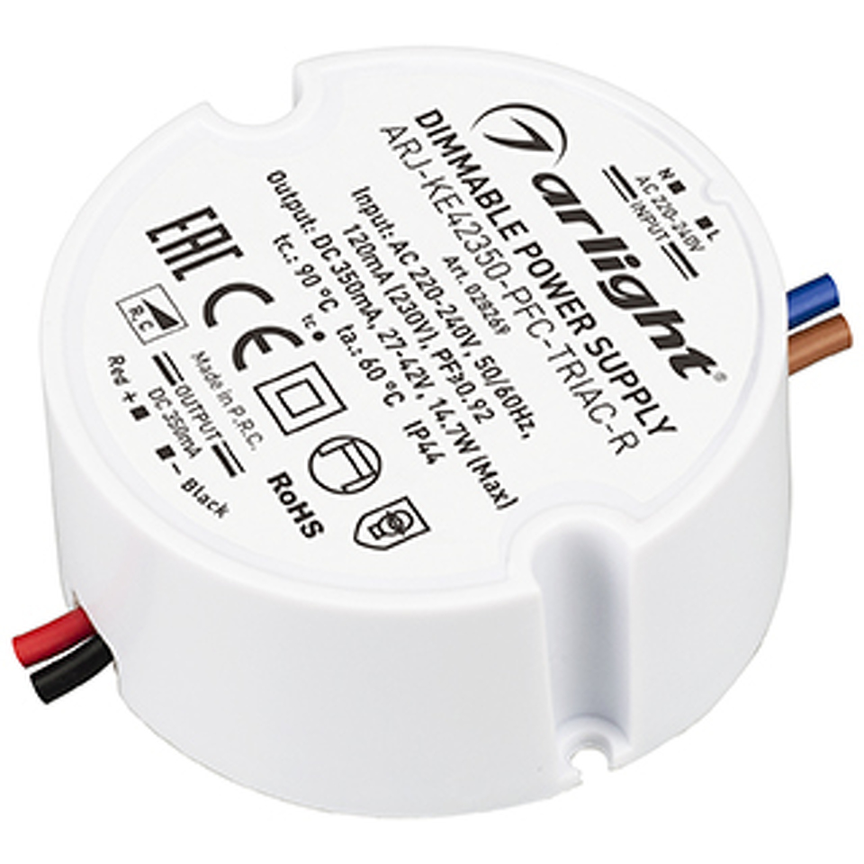 Фото №1  Arlight Блок питания ARJ-KE42350-PFC-TRIAC-R (15W, 350mA) ( IP44 Пластик, 5 лет)