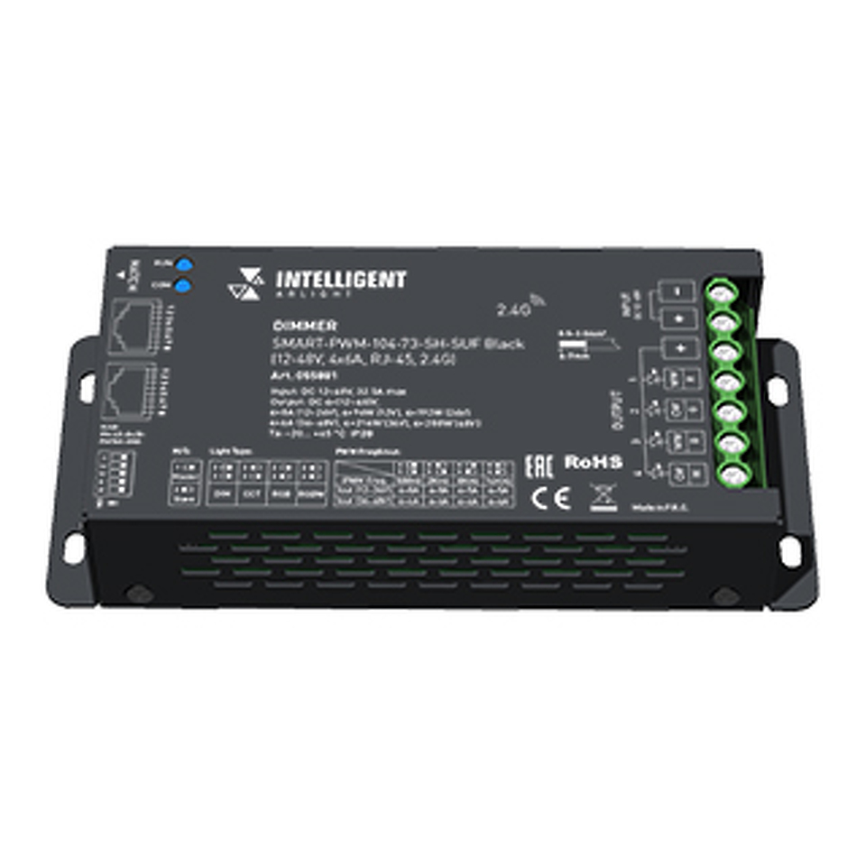 Фото №1  IARL INTELLIGENT ARLIGHT Диммер SMART-PWM-104-73-SH-SUF Black (12-48V, 4x6A, RJ-45, 2.4G) ( IP20 Металл, 5 лет)