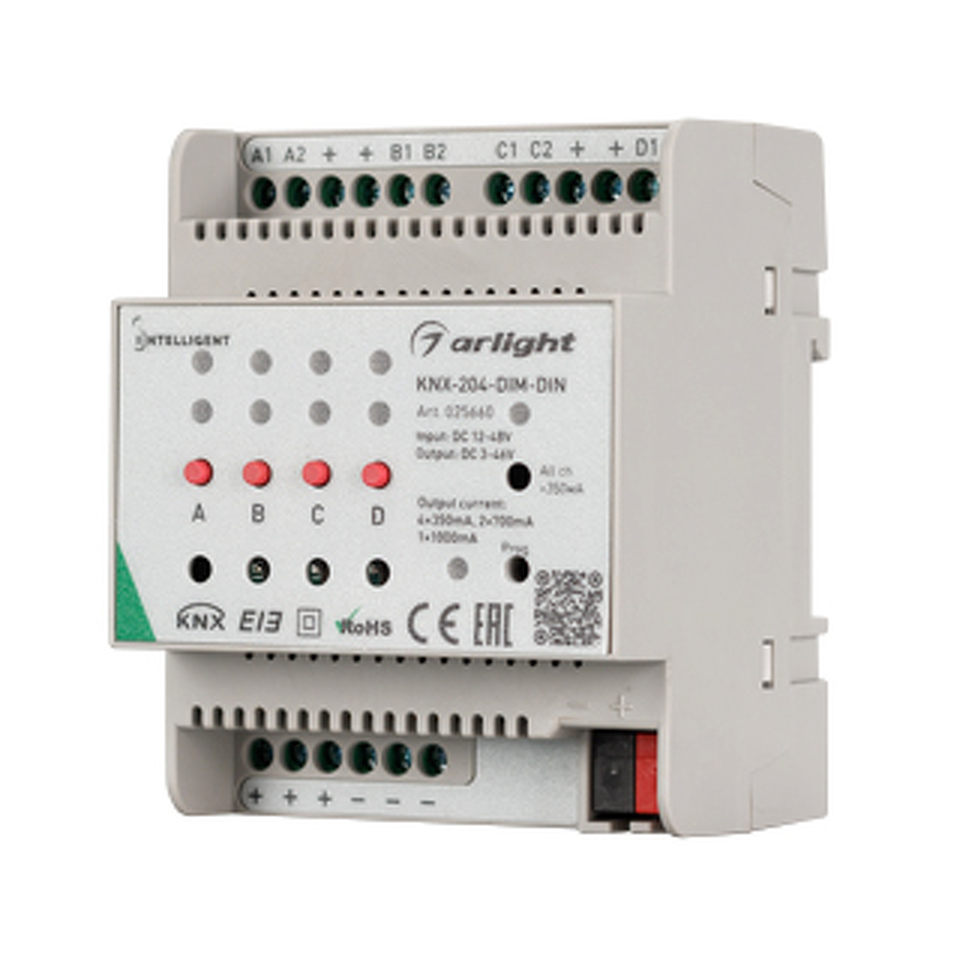 Фото №1  IARL INTELLIGENT ARLIGHT Диммер KNX-204-DIM-DIN (12-48V, 8x0.35/4x0.7/2x1A) ( IP20 Пластик, 2 года)