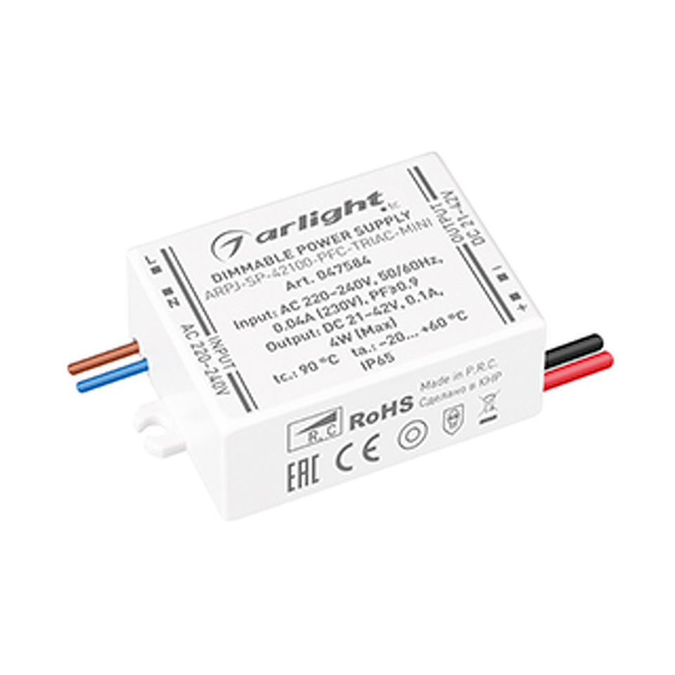 Фото №1  Arlight Блок питания ARPJ-SP-42100-PFC-TRIAC-MINI (4W, 21-42V, 100mA) ( IP65 Пластик, 5 лет)