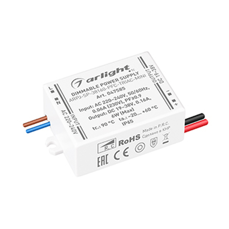 Фото №1  Arlight Блок питания ARPJ-SP-38160-PFC-TRIAC-MINI (6W, 19-38V, 160mA) ( IP65 Пластик, 5 лет)