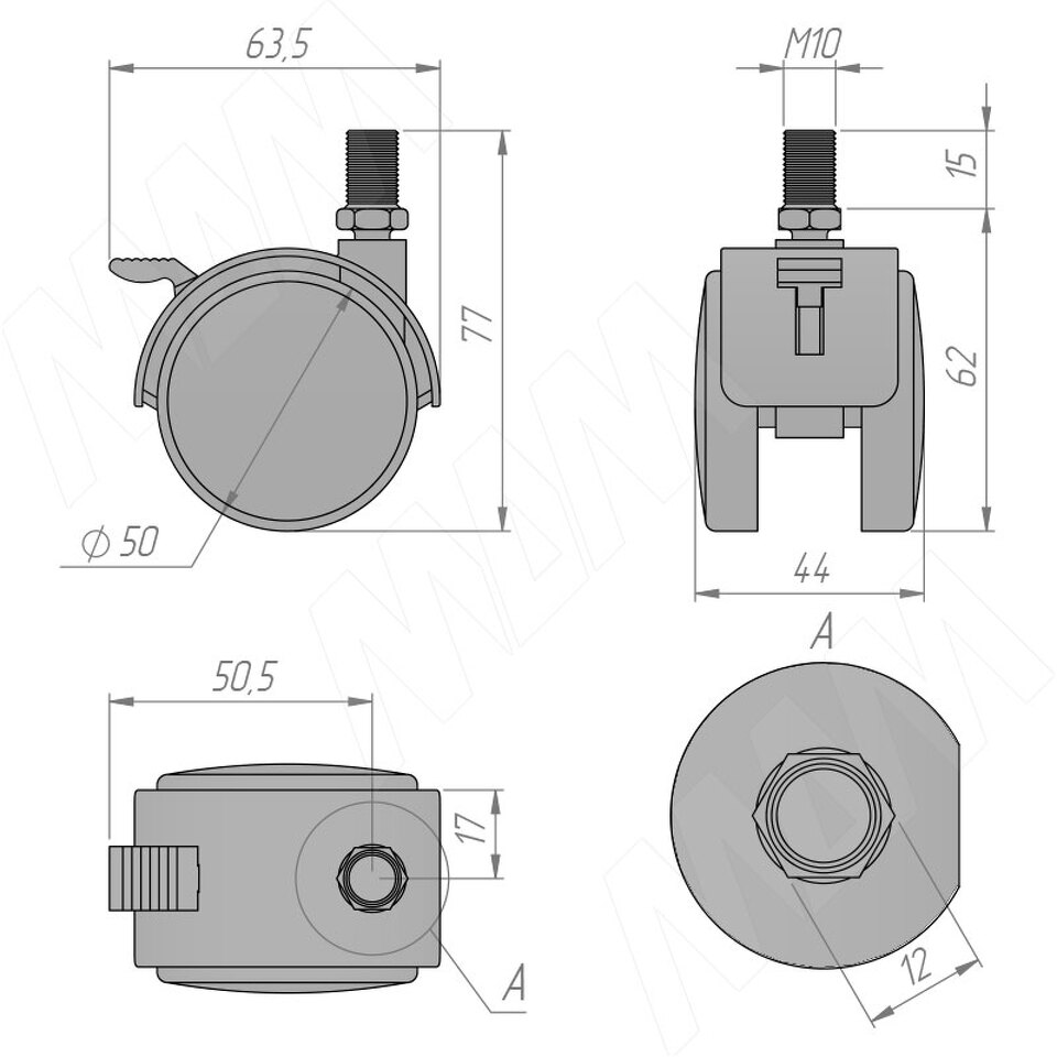 Фото №2  PULSE Опора двухколесная с винтом M10, D50 мм, со стопором, белая (OK-50/2-CT/WH),  Мебельное колесо