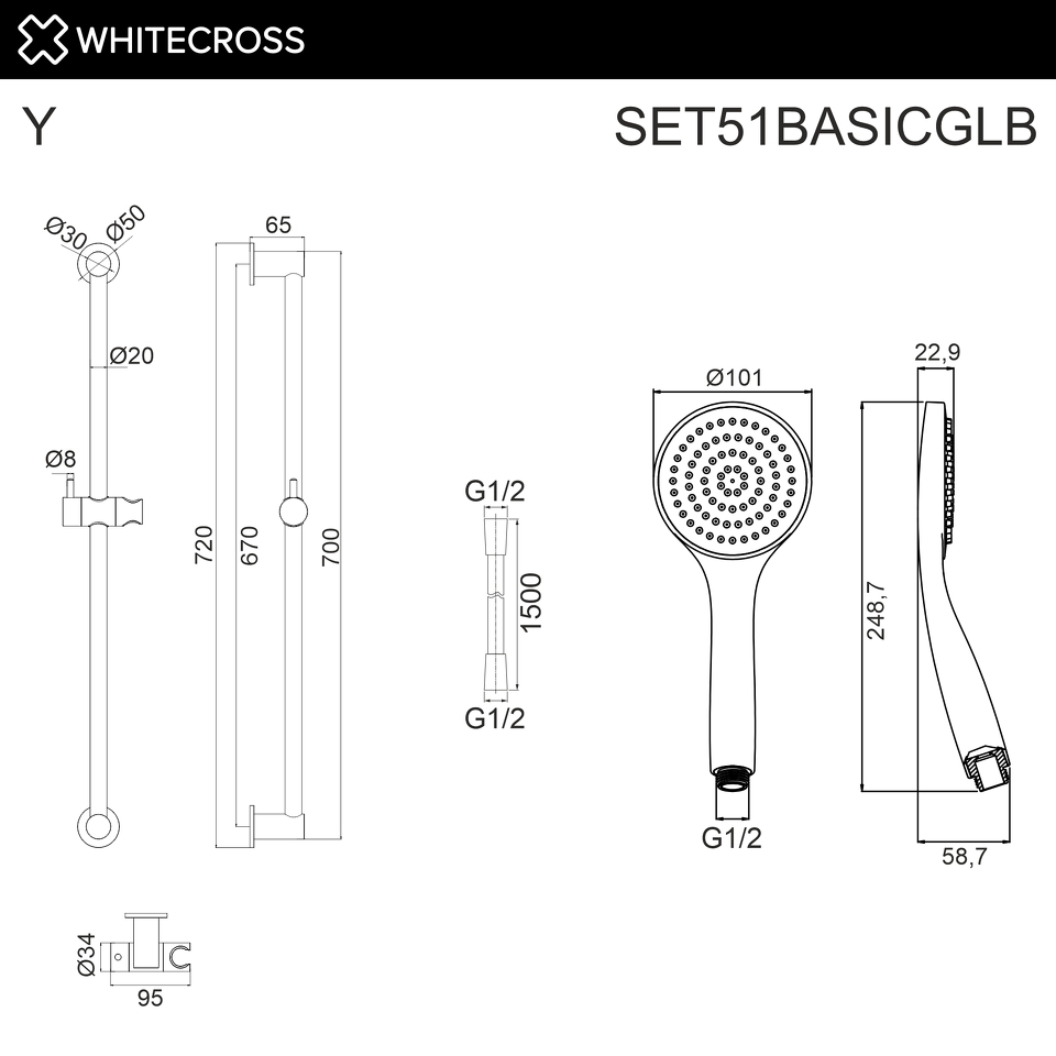 Фото №2  Душевой гарнитур на штанге WHITECROSS SET51BASICGLB (брашированное золото)