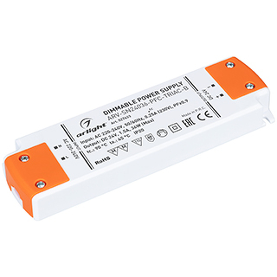 Фото №1  Arlight Блок питания ARV-SN24036-PFC-TRIAC-B (24V, 1.5A, 36W) ( IP20 Пластик, 3 года)