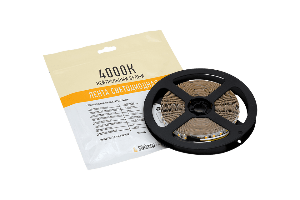 Фото №6  SWG PRO Лента светодиодная SMD 2835, 120 LED/м, 14,4 Вт/м, 24В , IP20, Цвет: Микс (3000+6000K)