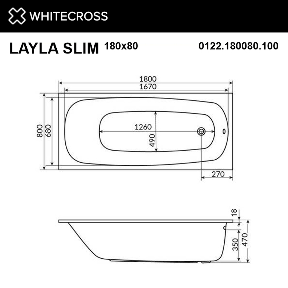 Фото №10  Ванна WHITECROSS Layla Slim 180x80 "ULTRA" (белый)